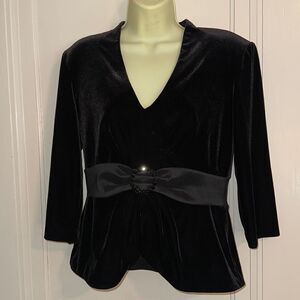Alex‎ Evenings black velvet dressy blouse /3/4 sleeves & black rhinestone buckle